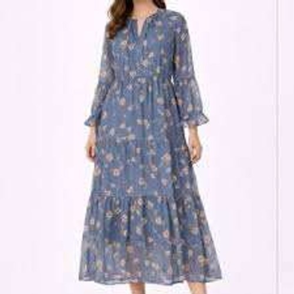 Patrons of Peace Blue Floral Long Sleeve Empire Tiered Maxi Dress MEDIUM Boho